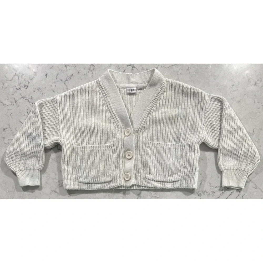 GAP Kids Girls Small 6-7 Ivory Cropped Shaker Knit Button Front Cardigan Sweater